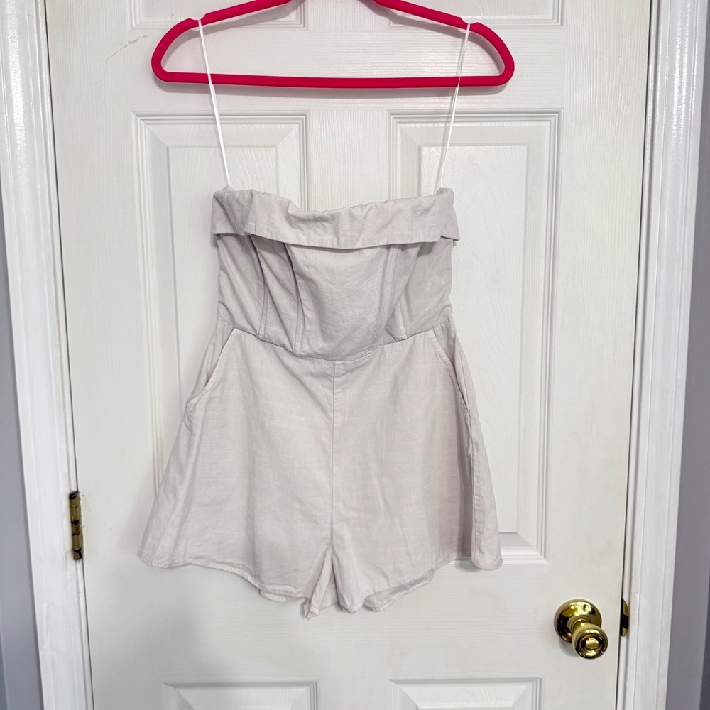 Princess Polly Cream Strapless Linen Blend Romper Size 6 Fold Over Neckline